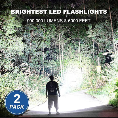 Led Flashlights 990000 Lumen High Lumens Rechargeable 2 Pack, Brightest Flash Light with 5 Modes & 18H Runtime, IPX7 Waterproof, Powerful Handheld Flashlights for Home Camping Hiking