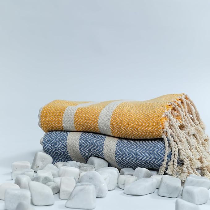 2 Pack Cotton Oversized Beach Towel Turkish Peshtemal Quick Dry Absorbent Lightweight Washable Sand Free Swim Pool Camp Travel Breathable Cozy Blanket (Gold Yellow and Turquoise Blue)