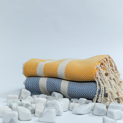 2 Pack Cotton Oversized Beach Towel Turkish Peshtemal Quick Dry Absorbent Lightweight Washable Sand Free Swim Pool Camp Travel Breathable Cozy Blanket (Gold Yellow and Turquoise Blue)