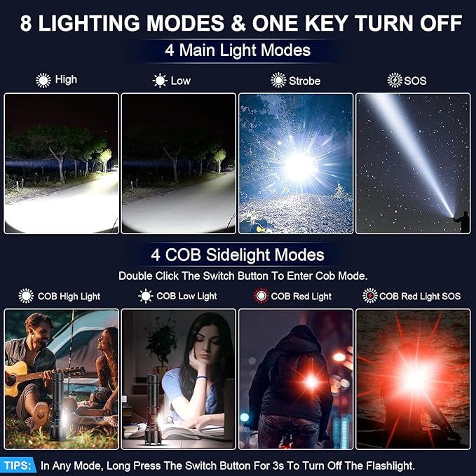 Flashlights 100,000 High Lumens Rechargeable - Super Bright LED Magnetic Flashlight with Sidelight 8 Modes Waterproof Powerful Handheld Flash Light for Emergency (2 Pack with Leather Box, Black)