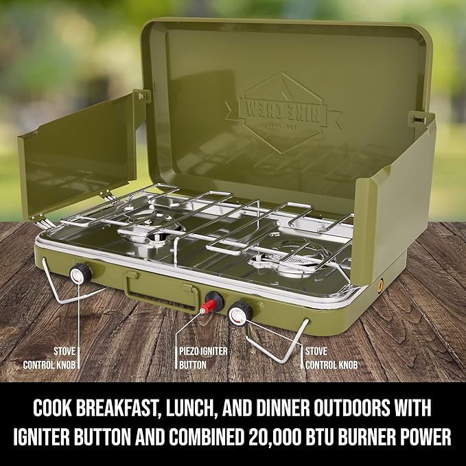 Hike Crew Gas Camping Stove | 20,000 BTU Portable Propane 2 Burner Stovetop | Integrated Igniter & Stainless Steel Drip Tray | Built-in Carrying Handle, Foldable Legs, Wind Panels | Includes Regulator