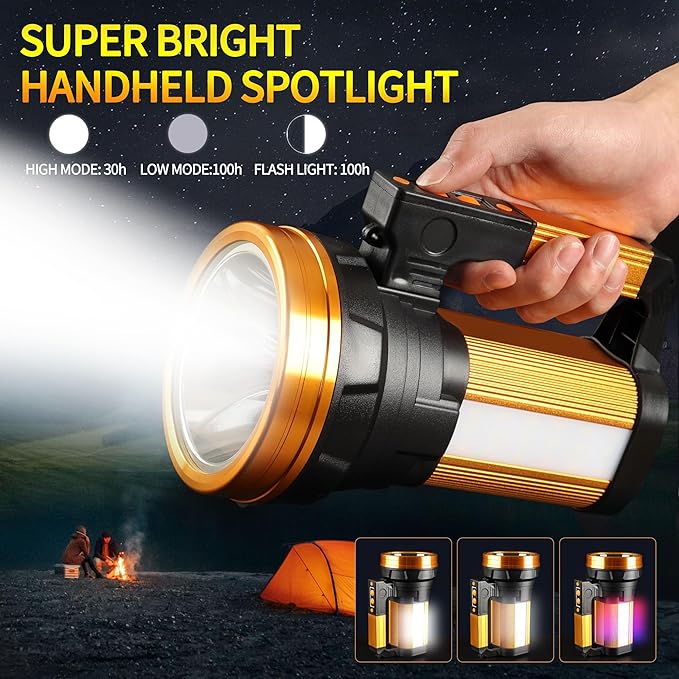 KINQILIN1200,000LM Rechargeable Spotlight 30600mAh Spotlight Flashlight 100H Ultra-Long Standby IP67 Waterproof Spotlight with 6 Modes Handheld Rechargeable Flashlight for Camping Hunting Emergency