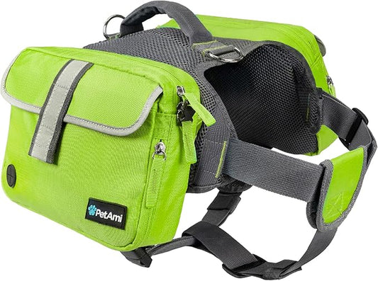 PetAmi Dog Backpack for Medium Large Dogs, Dog Saddle Bag for Dogs to Wear, Harness Saddlebag with Reflective Safety Side Pockets for Hiking, Camping, Vest Dog Pack for Travel (Green, Large)