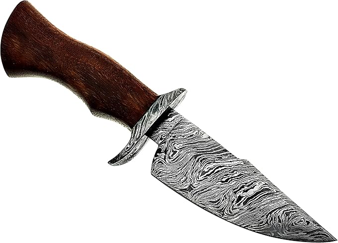 10.5" Beautiful Damascus Steel Bowie Knife made of Damascus Steel and forge Fire Storm pattern blade with an amazing Rose wood 5” handle & Damascus Steel Pommel & Damascus Steel Guard- An amazing Hunting knife with a beautiful Sheath