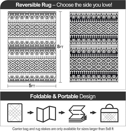 Waterproof Outdoor Rug 5x8ft, Bohemia Reversible Plastic Straw Mat for Patio RV Deck Porch Backyard Balcony Camping Picnic Beach Indoor Outdoor Carpet, Black&White