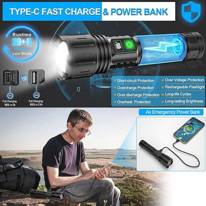 Rechargeable LED Flashlights High Lumens,20000 Lumens &1500 Meters Super Bright Rechargeable Tactical Flashlight with 5 Modes,Waterproof,Powerful Handheld Flash Light for Emergencies,Camping 2PACK