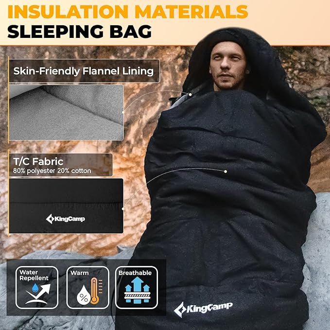 KingCamp 3-in-1 Sleeping Bag for Adults Cold & Warm Weather, XL Size for Big & Tall Individuals, Waterproof, Flannel Lining, Extra Length-Ideal for Camping & Backpacking