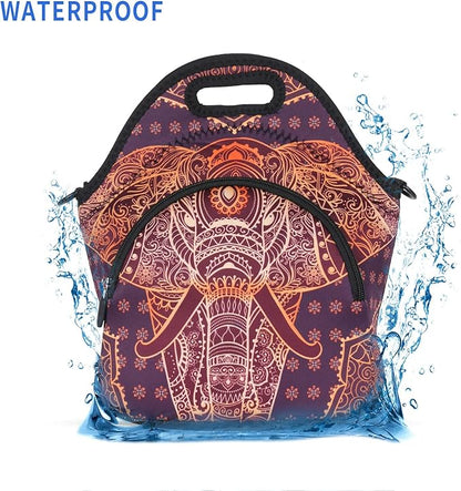 Violet Mist Neoprene Thermal Insulated Lunch Bag Cute Animal Lunch Bag Tote with Extra Pocket Detachable Adjustable Shoulder Lunchbox Food Handbags Picnic Work Gifts for Women men, Retro Elephant 2