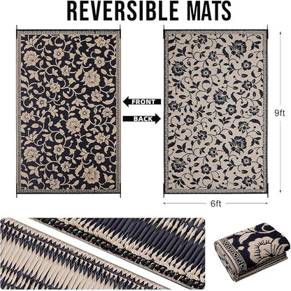OLANLY Waterproof Outdoor Rug 6x9 ft, Outdoor Plastic Straw Rug with Flower Pattern, Reversible RV Mat for Patio, Camping, Balcony, Deck, Backyard, Black & Beige
