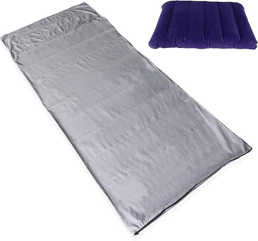 Sleeping Bag Liner, Blue Microfiber Adult Sleep Sack Travel Sheet with Zipper for Camping or Traveling Complete with a Carry Bag and Inflatable Pillow