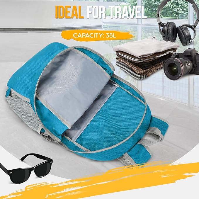 ZOMAKE Lightweight Packable Backpack 35L - Light Foldable Backpacks Water Resistant Collapsible Hiking Backpack - Compact Folding Day Pack for Travel Camping(Light Blue)