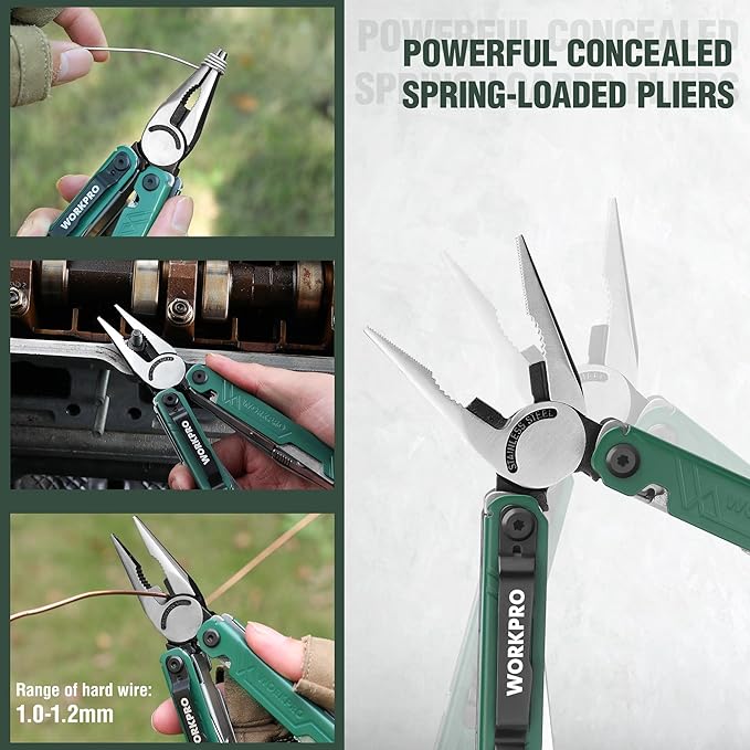 WORKPRO 18-in-1 Multi Tool Pliers, Stainless Steel EDC Multitool with Pocket Knife, 2 Safety Locks, Belt Clip and Oxford Pouch, Multipurpose Utility Multiuse Tool for Camping Outdoor Activities