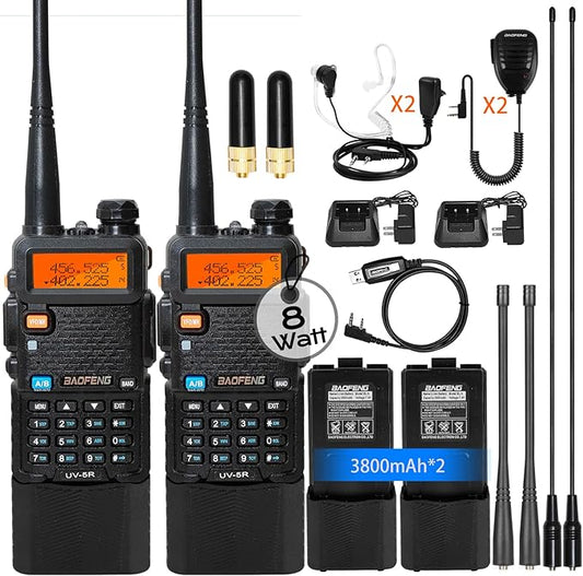 BAOFENG UV-5R 8W Ham Radio Handheld Long Range with 3800mAh Type-C Charging Port Battery, UV5R Rechargeable Handheld Walkie Talkie, Dual Band Two Way Radio for Adults (2 Pack)