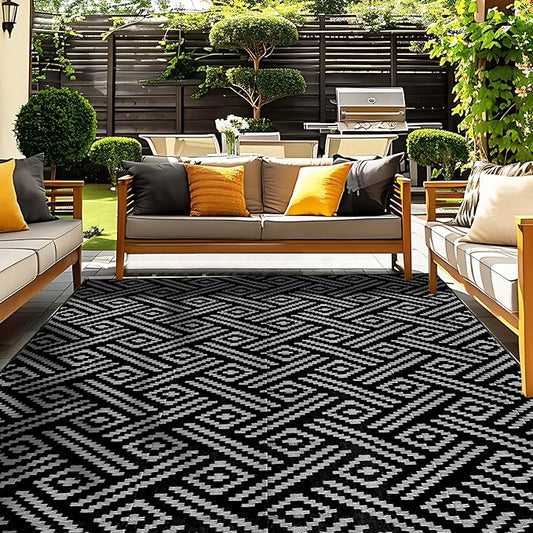 OPPODREAM Outdoor Rug 9x12 Patio Waterproof, Large Outdoor Plastic Straw Rug, Reversible Out Door Carpet for Camping, Deck, Rv, 9 x 12 Area Carpet for Balcony, Porch, Backyard, Black and Grey