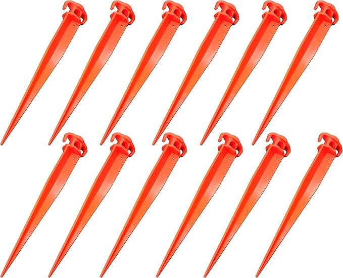 16" 12 PCS Tent Pegs Garden Stakes Durable and Strong Plastic Tent Stakes for Beach Mat, Camping, Hiking, Garden, Landscape Stakes, Orange Stakes UV Resistant