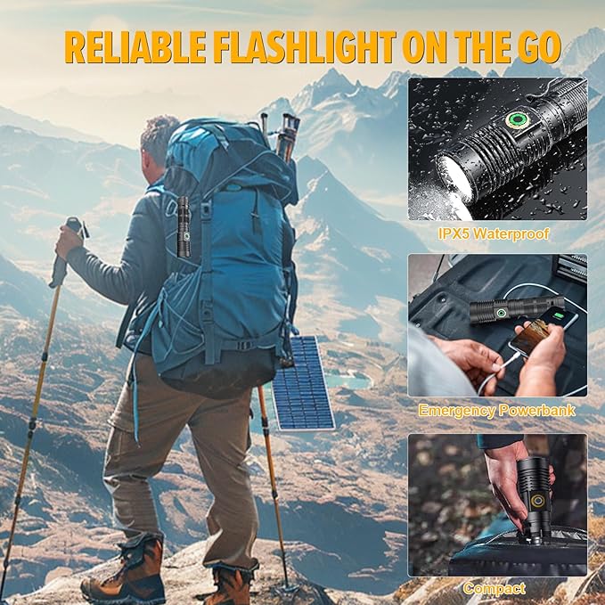 Rechargeable Magnetic Flashlight 20000 High Lumens - 1500 Meters Long Beam Super Bright LED Tactical Flashlight with Holster USB Zoomable 5Modes Small Long Beam Spotlight Flashlight for Camping