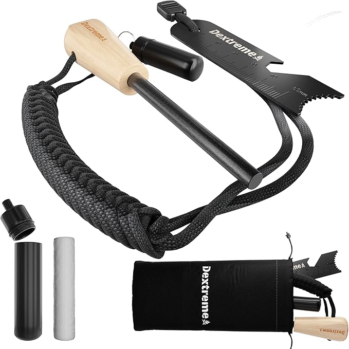 Dextreme Ferro Rod Flint Fire Starter Kit with Handcrafted Wood Handle, Coton Tinder, Transport Bag Multi-Tool Striker Paracord Lanyard for Camping Gear 12,000+ Strikes 5/16'' Thick Bushcraft Survival
