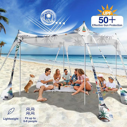 Rhino Valley Beach Tent Sun Shelter, Beach Canopy Tent Sun Shade UPF50+ Protection with 8 Sandbags 4 Stability Poles, Outdoor Beach Shade Canopy for Beach, Camping, Fishing
