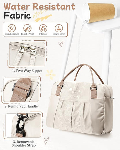 Gym Bag for Women, Large Travel Duffel Carry on Bag with Trolley Sleeve, Waterproof Weekender Bags with Shoe Compartment, Workout Overnight with Dry Wet Separated Pocket, Beige
