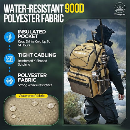 PLUSINNO Cooler Fishing Backpack with Rod Holders 45L Large Water-resistant Fishing Tackle bag Store Fishing Gear Fishing Gifts for Men Father
