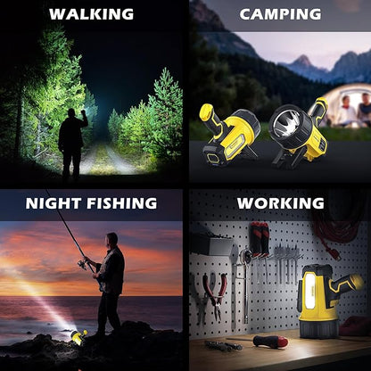 FORTO Rechargeable Spotlight Flashlight with 2000 Lumens, Handheld Spotlight with Foldable Stand, 6 Light Modes IPX7 Waterproof LED Spot Lights Outdoor for Boating Hunting Camping Hiking(Yellow)