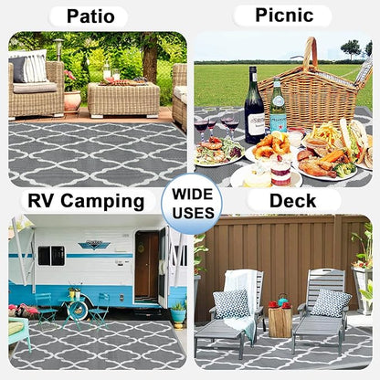OutdoorLines Outdoor Plastic Area Rugs for Patio 4x6 ft - Reversible Outside Carpet, Stain & UV Resistant RV Mats, Straw Rug for Patio, Camping, Porch and Balcony, Moroccan Grey & Light Grey