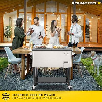 Permasteel 80-Qt Outdoor Patio Cooler with Removable Basin, Outside Beverage Cooler Cart, Rolling Cooler with Wheels and Handles, Stainless Steel