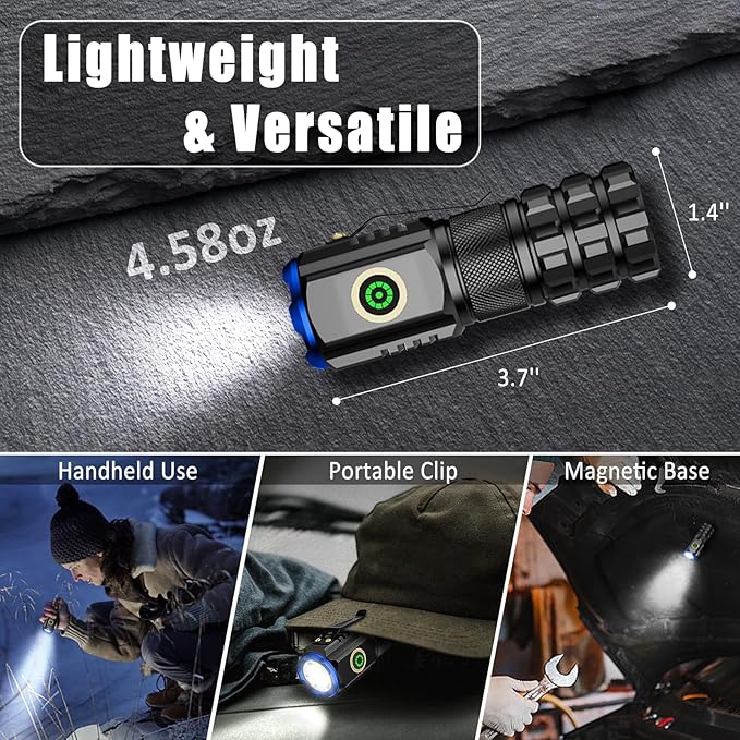 Portable LED Mini Flashlight, Rechargeable EDC Small Pocket Flashlight 6 Lighting Modes w/Magnet Clip Waterproof for Camping Hiking Night Walking Running Outdoor Emergency