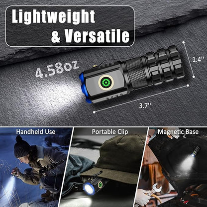 Portable LED Mini Flashlight, Rechargeable EDC Small Pocket Flashlight 6 Lighting Modes w/Magnet Clip Waterproof for Camping Hiking Night Walking Running Outdoor Emergency