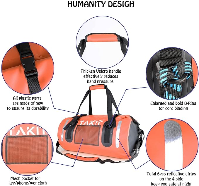 Waterproof Duffle Bag Travel Dry Bag 500D PVC for Motorcycle Tail Kayaking Rafting Boating Swimming Camping Hiking Beach Fishing (Orange, 60L)