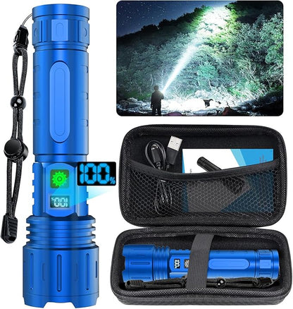 Flashlights 20000 High Lumens Rechargeable - 1500 Meters Long Beam Super Bright LED Flash Light with Power Display & IPX5 Waterproof for Camping, 20H Runtime,5 Modes,Zoomable Handheld Flashlight-Blue