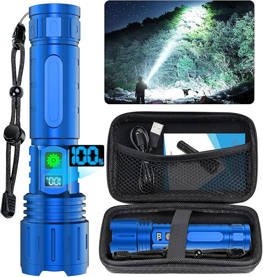 Flashlights 20000 High Lumens Rechargeable - 1500 Meters Long Beam Super Bright LED Flash Light with Power Display & IPX5 Waterproof for Camping, 20H Runtime,5 Modes,Zoomable Handheld Flashlight-Blue