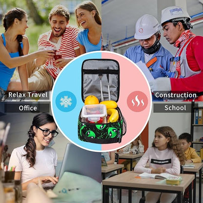 Green Alien Fun Insulated Lunch Bag Reusable Cooler Lunch Box Portable Leakproof Thermal Container Tote Bags for Girls Boys School Travel