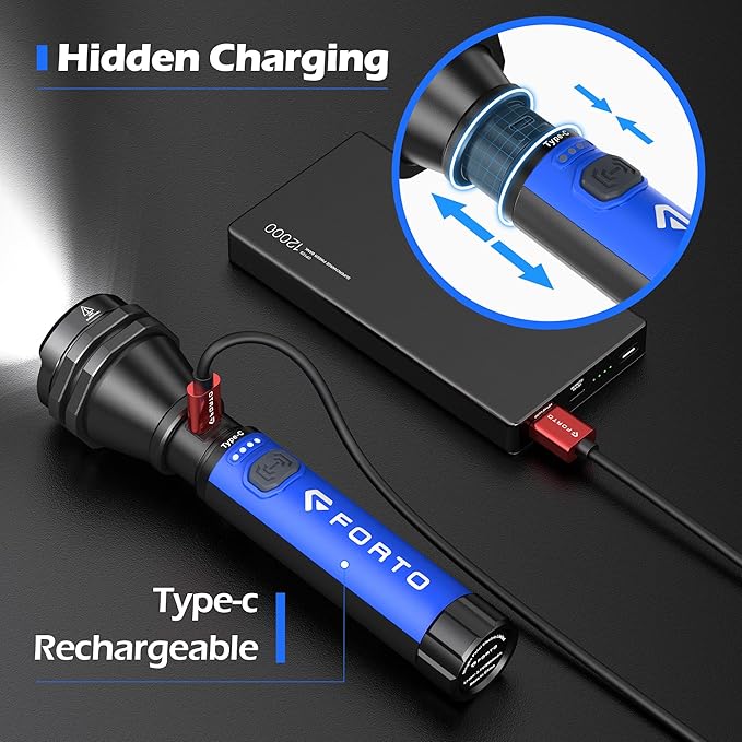 FORTO Flashlight 100000 High Lumens,Super Bright LED Rechargeable Flashlight,Zoomable,Waterproof,4 Modes Flash Light with Side Lights,Handheld Flashlights for Camping,Hiking,Emergency,Home,Blue