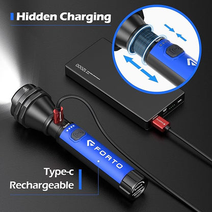 FORTO Flashlight 100000 High Lumens,Super Bright LED Rechargeable Flashlight,Zoomable,Waterproof,4 Modes Flash Light with Side Lights,Handheld Flashlights for Camping,Hiking,Emergency,Home,Blue