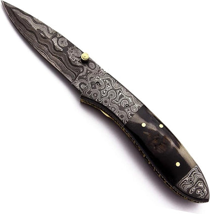 Handmade Damascus Steel Pocket,FoldingKnife Bowie for Hunting,Survival,Camping,Bushcraft and Fishing -Fixed Blade Dagger with Folding Full Tang-Micarta Handle with Cowhide-Leather Sheath-DCX 21 -96