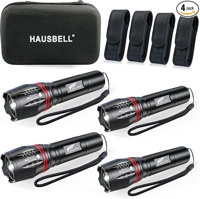 HAUSBELL T8 Upgraded LED Flashlight Bright, Zoomable Tactical LED Flashlights Flash Light with High Lumens and Five Modes and Camping Accessories, 4 Pack