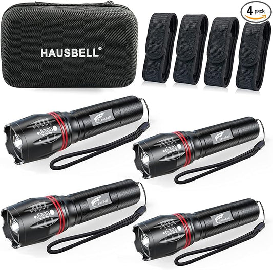 HAUSBELL T8 Upgraded LED Flashlight Bright, Zoomable Tactical LED Flashlights Flash Light with High Lumens and Five Modes and Camping Accessories, 4 Pack