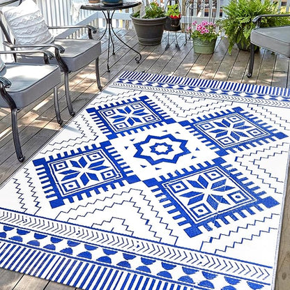 Waterproof Outdoor Rug 5x8ft, Boho Reversible Plastic Straw Mat for Patio RV Deck Porch Backyard Balcony Camping Picnic Beach Indoor Outdoor Carpet, Blue&White