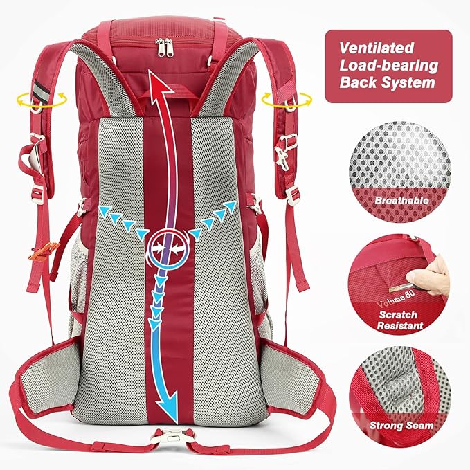 HOMIEE 50L Hiking Backpack Travel Bag Waterproof Camping Backpack with Rain Cover Lightweight Backpacking Backpack Rucksack