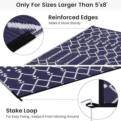 Smiry Outdoor Rug 8x10 ft, Waterproof Reversible Plastic Straw Rugs, Boho Outdoor Area Rug, Outside Floor Mat for Patio, Backyard, Deck, Picnic, Beach, Camping, Navy