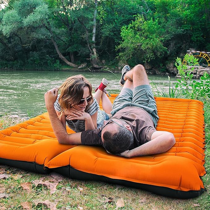 Double Camping Sleeping Pad, Self Inflatable 4'' Extra-Thick 2 Person Pillow Built-in Foot Pump Ultralight Sleeping Mat for Backpacking Tent, Hiking, Traveling-Orange