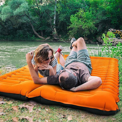 Double Camping Sleeping Pad, Self Inflatable 4'' Extra-Thick 2 Person Pillow Built-in Foot Pump Ultralight Sleeping Mat for Backpacking Tent, Hiking, Traveling-Orange