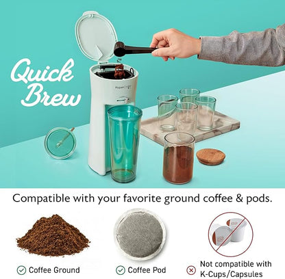 HyperChiller EHC824 Iced & Hot Coffee Maker, Adjustable Flow/Strength Lever, Includes 20 Oz. Tumbler & Reusable Straw, Compatible with Coffee Grounds, Removable, Reusable Mesh Filter, Mint
