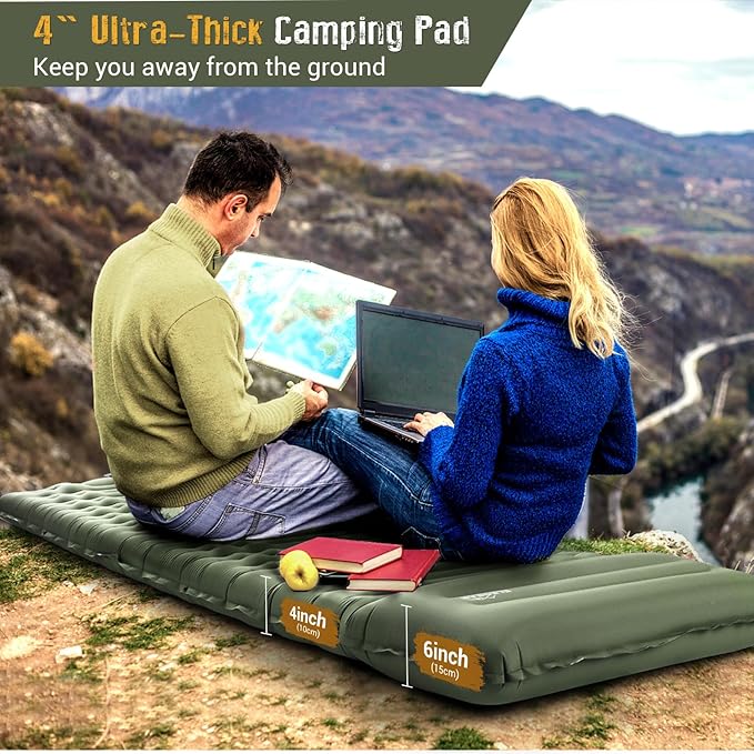 Elegear Self Inflating Sleeping Pad for Camping, 4" Ultra-Thick Camping Mattress Pad with Pillow Built-in Foot Pump Camping Sleeping Mat for Backpacking, Hiking, Portable Camping Pad