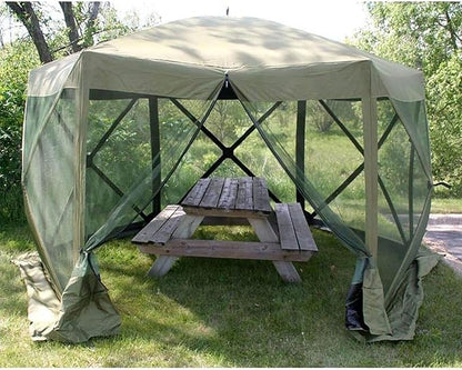 CLAM Quick-Set Escape 11.5 x 11.5 Ft Portable Pop-Up Outdoor Camping Screen Tent 6-Sided Canopy Shelter w/Carry Bag & 6 Sun and Wind Panels, Green