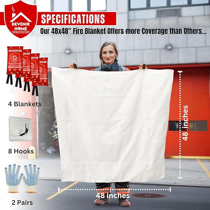 Extra Large Fire Blanket - 48”x 48” Pack of 4 Blankets with 8 Hooks and 4 Gloves, Fire Blankets Emergency for Home, Car, Kitchen, Warehouse, Outdoor, and Camping Safety