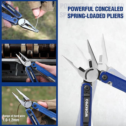 WORKPRO 18-in-1 Multi Tool Pliers, Stainless Steel EDC Multitool with Pocket Knife, 2 Safety Locks, Belt Clip and Oxford Pouch, Multipurpose Utility Multiuse Tool for Camping Outdoor Activities