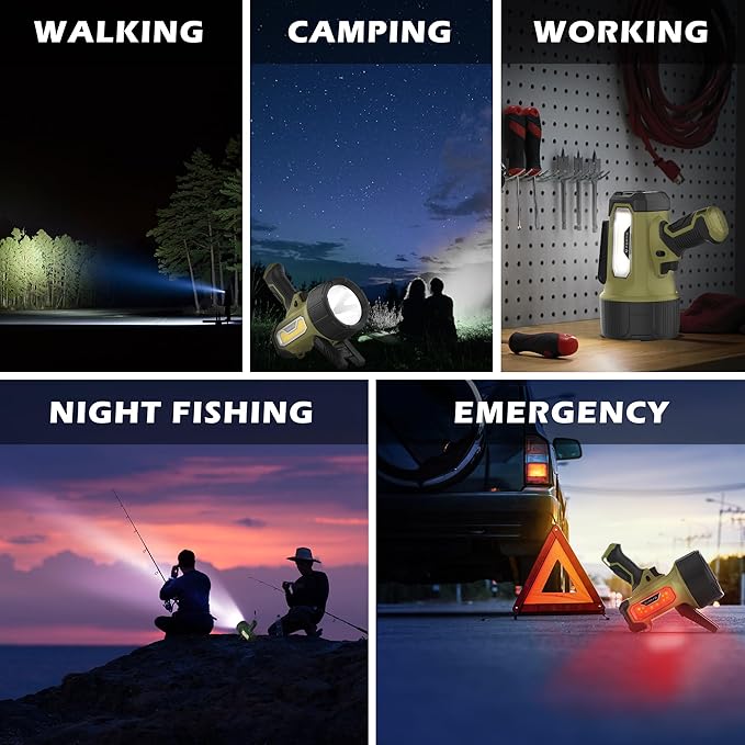 FORTO Rechargeable Spotlight Flashlight with 2000 Lumens, Handheld Spotlight with Foldable Stand, 6 Light Modes IPX7 Waterproof LED Spot Lights Outdoor for Boating Hunting Hiking(Spring Green)