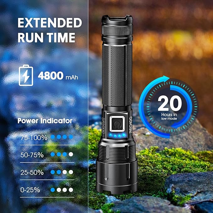 RECHOO Rechargeable Flashlights High Lumens, 10000 Lumens Tactical Flashlights, Super Bright LED Flashlight with 5 Mode & Zoomable, IP65 Waterproof Flash Light for Camping, Hiking, Emergency, Home